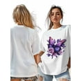 thumbnail image 6 of Women's T-Shirt Vintage Dreamy Purple Butterfly Wings Rose Short Sleeve Casual Tee Classic Crew Neck T Shirt for Women White, M, 6 of 7