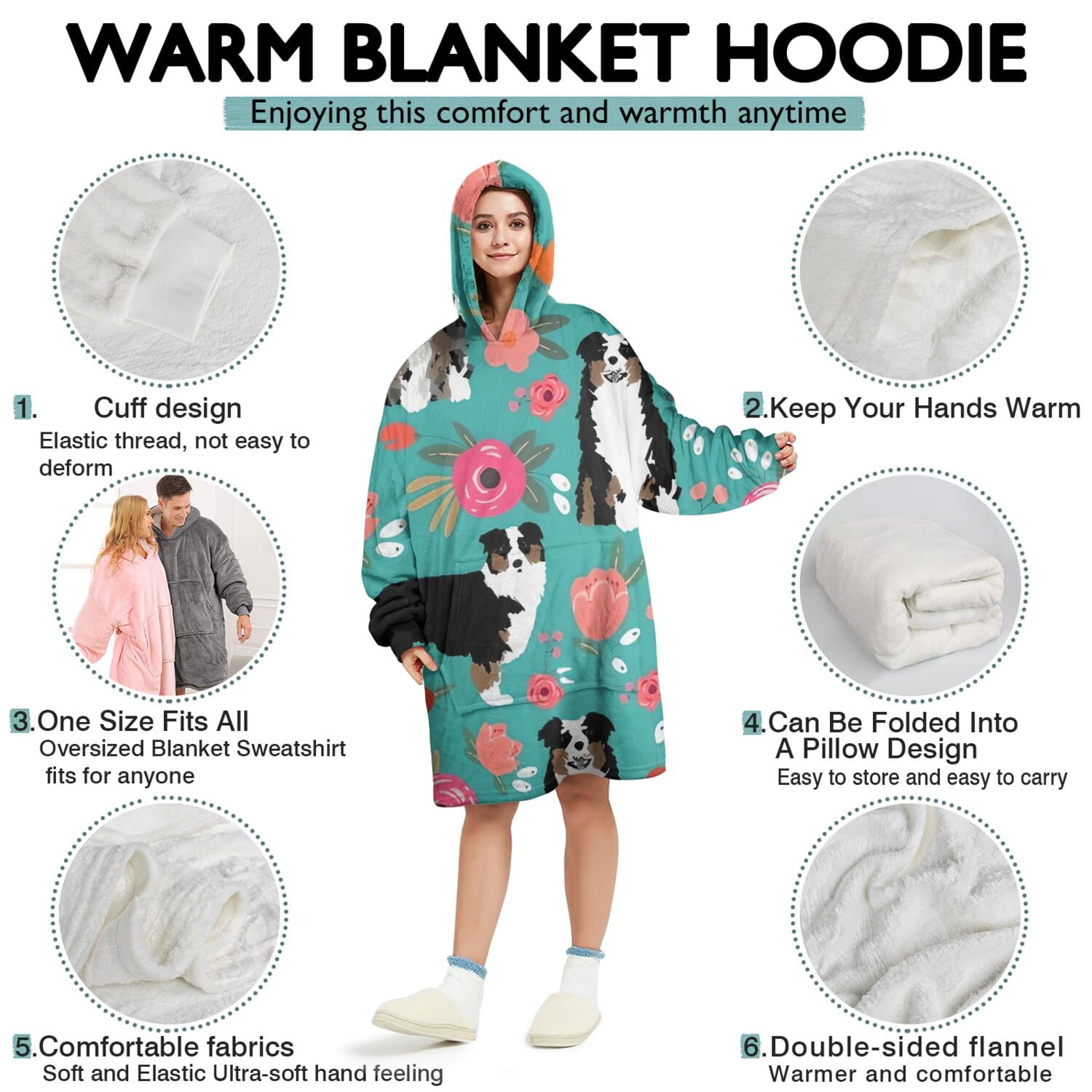 Australian Shepherd Dog and Flower Wearable Oversized Blanket,Wearable Blanket Hoodie for Adults,Cozy Hooded Blankets with Super Pockets,Super Warm Fuzzy Pullover for Women & Men