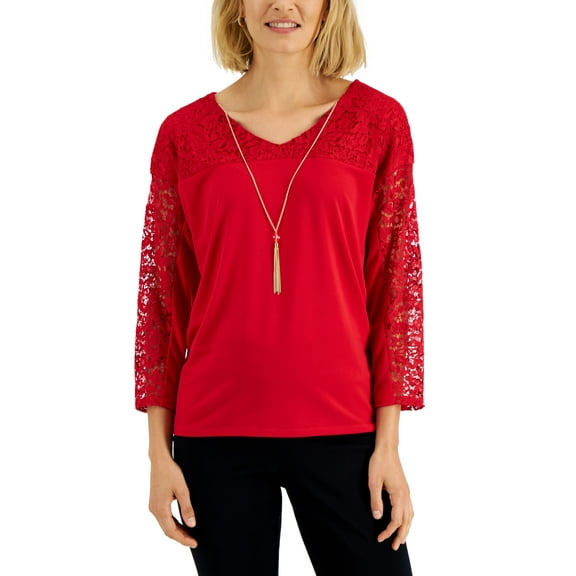 JM Collection Petite Lace Yoke Necklace Top Real Red PXS