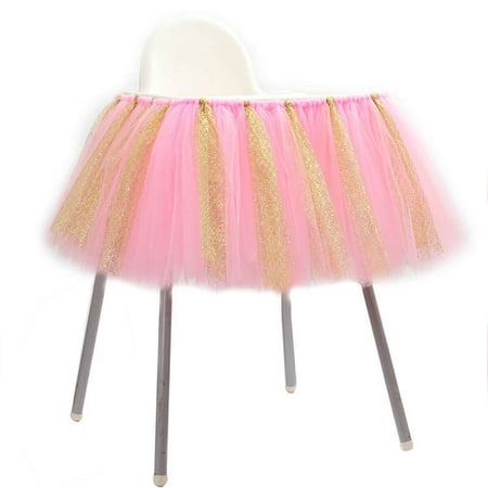 

One-year-old Children s Table Skirt Glitter Chair Skirt Baby Birthday Party Supplies Baby Chair Decoration (Pink and Gold)