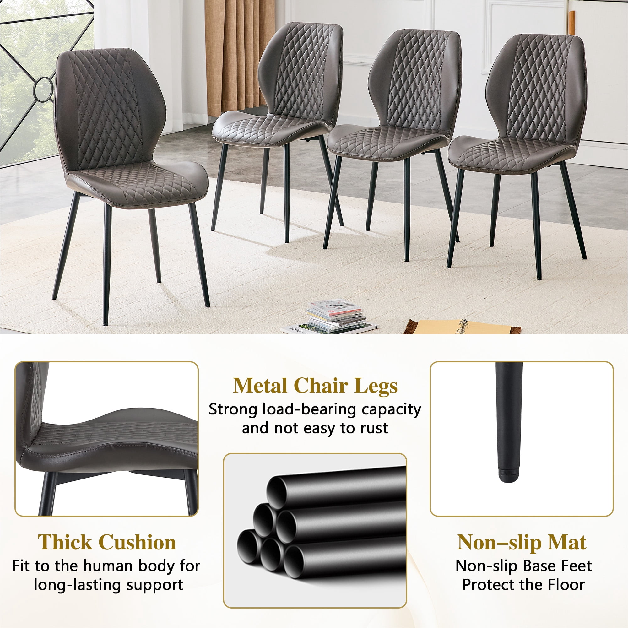 MOONMISS Dining Chairs Set of 4,Modern luxury Diamond-Quilted PU chairs with black metal legs for Dining Room Living Room,Dark Gray