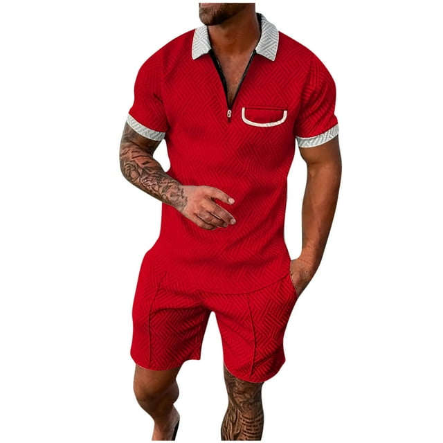 Cameland Two Piece Short Outfits Men Color Block Tracksuits Sport Summer Short Sleeve and Shorts Set for Men