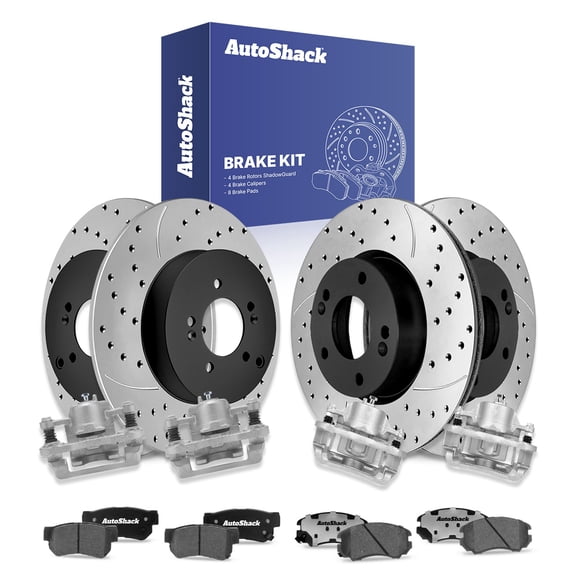 AutoShack Front Vented & Rear Solid Drilled & Slotted E-Coated Brake Rotors   Ceramic Pads   Calipers 16-PC Brake Kit Replacement for 2005-2009 Kia Sportage 2005-2009 Hyundai Tucson ShadowGuard