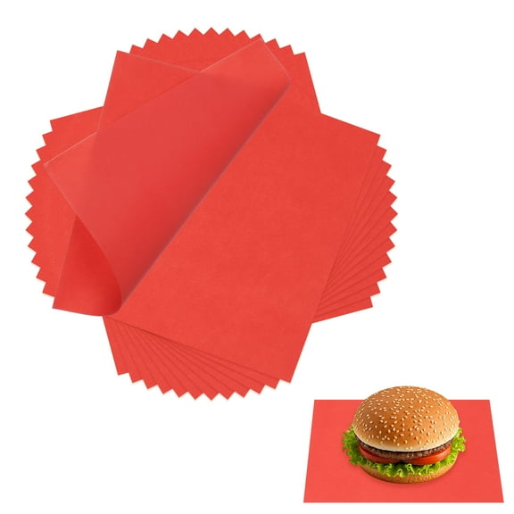 Uxcell 100 Pcs Wax Paper Sheets for Food, 8.7 x 8.7 Inch Greaseproof Wrapping Paper Sheets, Square Food Basket Liners for Sandwich Hamburger Bread, Red