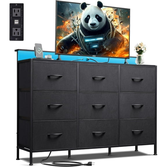 MCQ 47-inch TV Stand for up to 55 inch TVs, Entertainment Center with RGB LED Lights & Charging Station, Media Console with 9 Fabric Drawers, Black