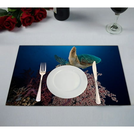

GCKG Underwater Ocean Animal Placemat Sea Turtle at the Coral Reef Placemat 12x18 Inch Set of 2