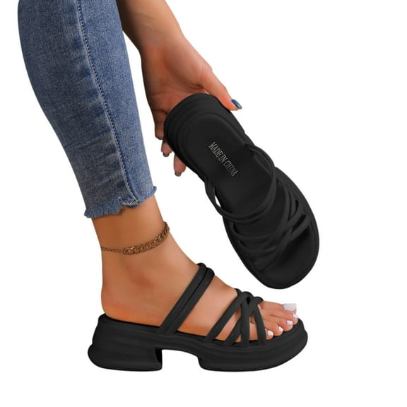 AXXD Women Black Sandals Summer Thick Sole Two Pairs Sandals British Style Fish Mouth Comfortable Wearing Sandals Outside