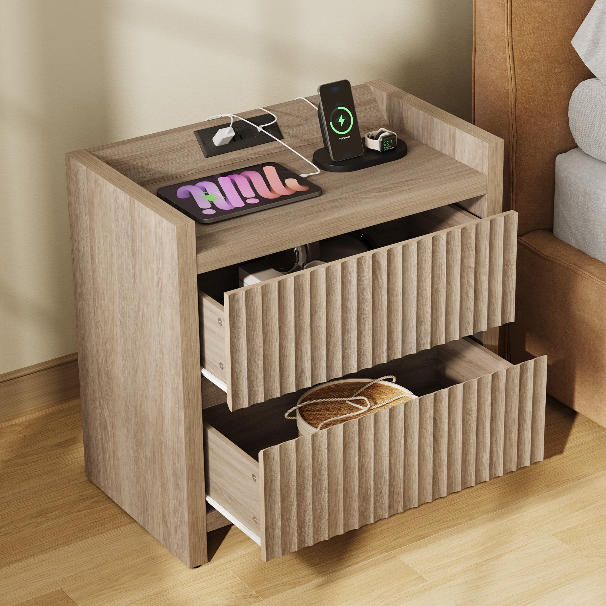 SICOTAS 25.4" Wide Farmhouse Nightstand Set of 2 with 2 Drawer, Modern Beside Table with Minimalist Fluted Design & Handle-Less Storage Bed Side Table with Charging Station for Bedroom, Light Oak