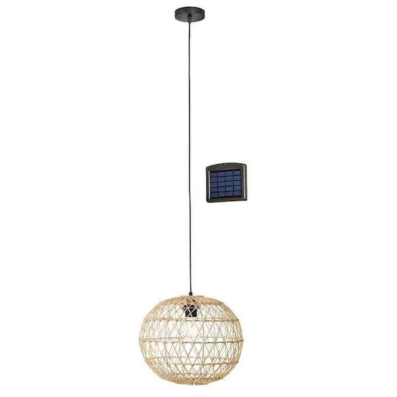 Hampton Bay Ashville Solar LED Outdoor Pendant Light, Brown Rattan Patio Porch Hanging Lantern
