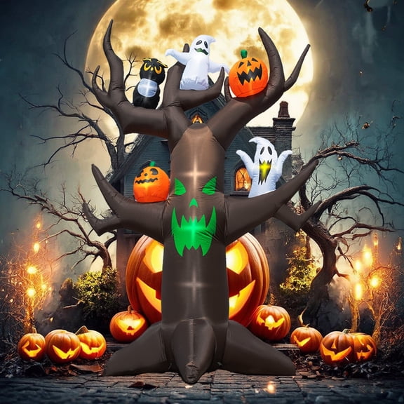 Coolmade 9ft Halloween Inflatable Tree Decoration with pumpkin, Ghost, Owl, Blow up Yard Inflatables with Built-in LEDs for Garden Lawn Indoor Party Decor