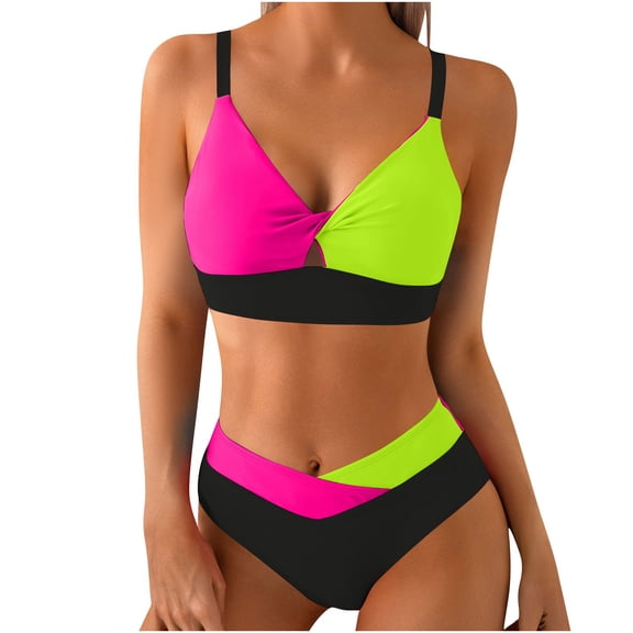Yuanlook Women Bikini Sets Deep V Neck Two Piece Swimsuits Bathing Swim Suits Summer Modest Swimwear - Black - S