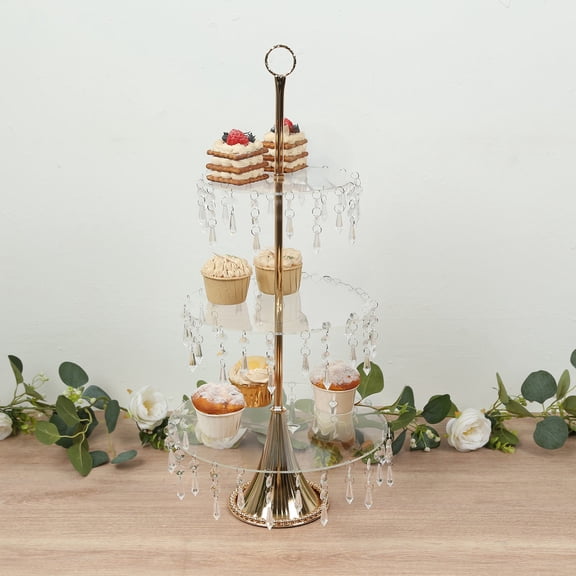 Efavormart 3-Tier Gold Cupcake Stand with Crystals – 2ft Tall Acrylic and Metal Dessert Display Tower