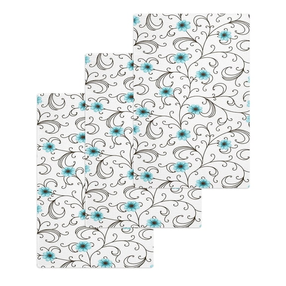 Teal Blue Daisy Flowers Kitchen Dish Towels for Drying Dishes Set of 3, Spring Floral Elegant Pastoral Waffle Weave Microfiber Hand Tea Bathroom Towels Quick Dry & Absorbent Towel 15.7x23.6