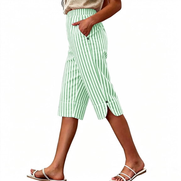 hoksml Women's Striped Elastic Waist Capri Pants - Cotton Linen Blend with Side Slits and Pockets