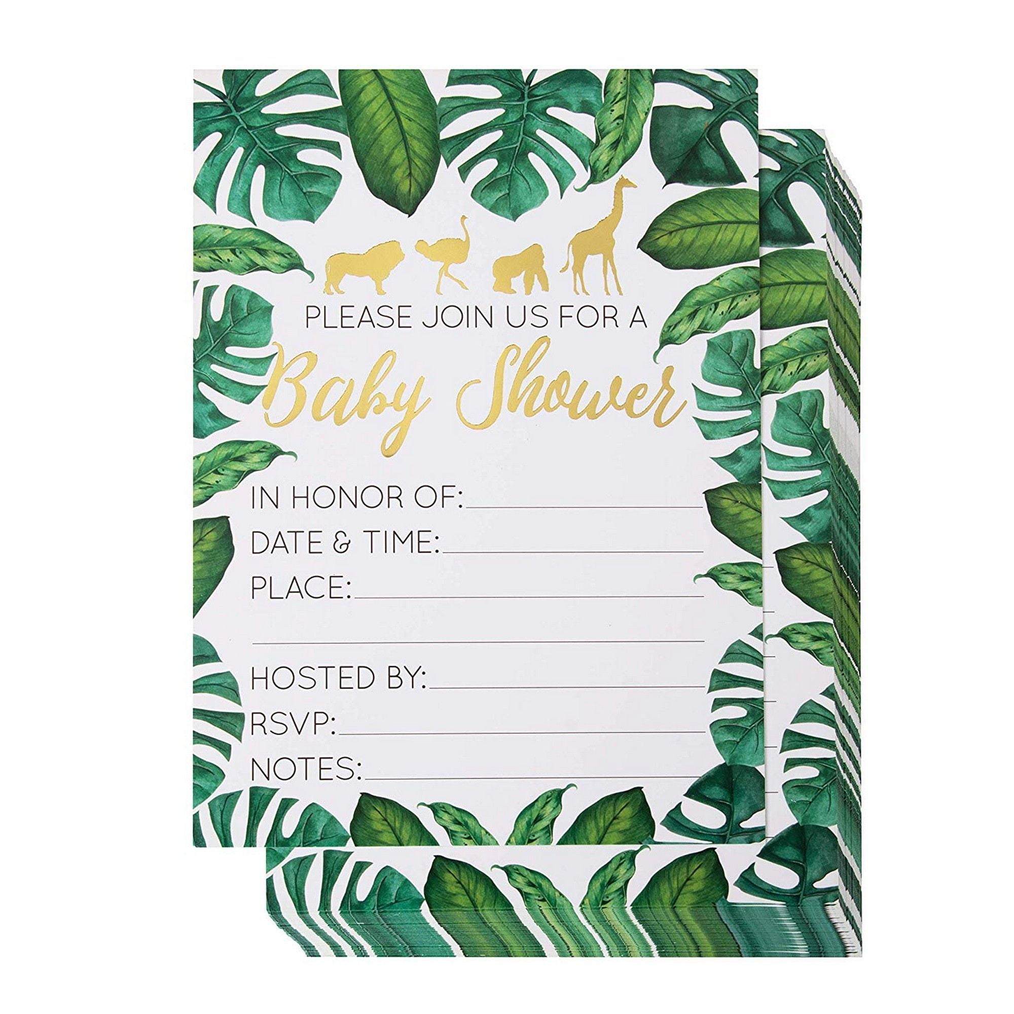 Tropical Safari Animal Theme 36 Fill In Baby Shower Invitations W Envelopes 5 X 7 Inches Green Palm Leaves With Gold Foil Designs Baby Shower Invites Party Supplies For Baby Showers Or Parties