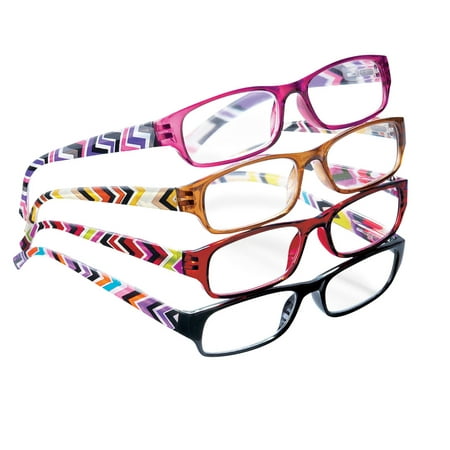 4-Pc Reader Glasses with Multicolor Geometric Arms with Precision-Crafted Lenses, Multicolored, 3.0X