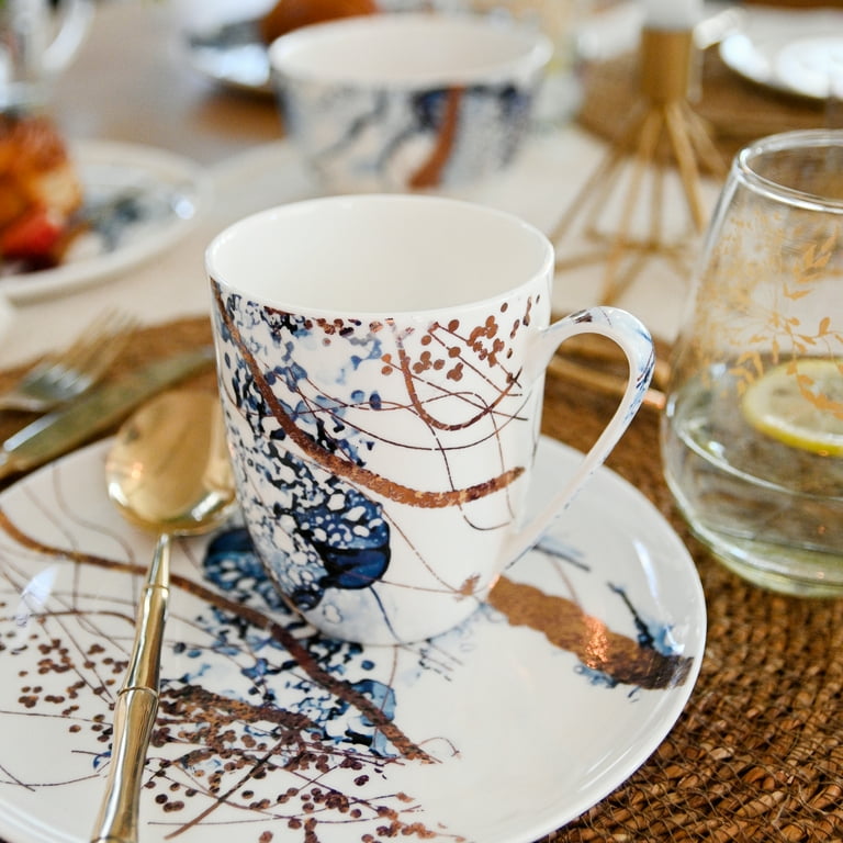 KOKEN - 16-Pc Bone China Dinnerware Set - Elegant Blue Gold Design