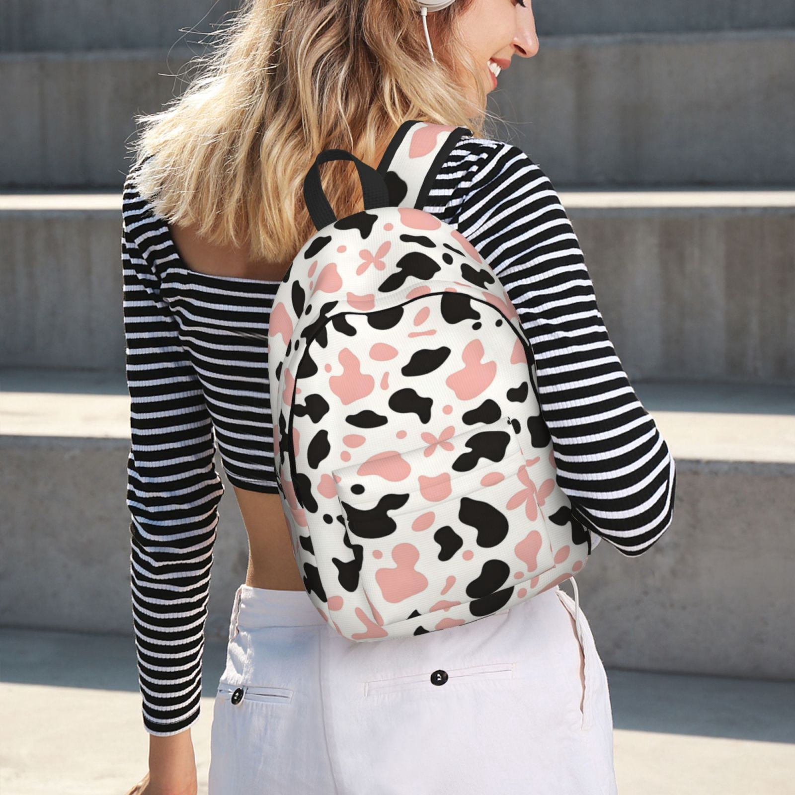Casual Canvas Backpack Without Interlayer Large Capacity Stick Bag Design For Outdoor Shopping Office Outdoor Sports Simple Cow-Print Pattern_3 Small