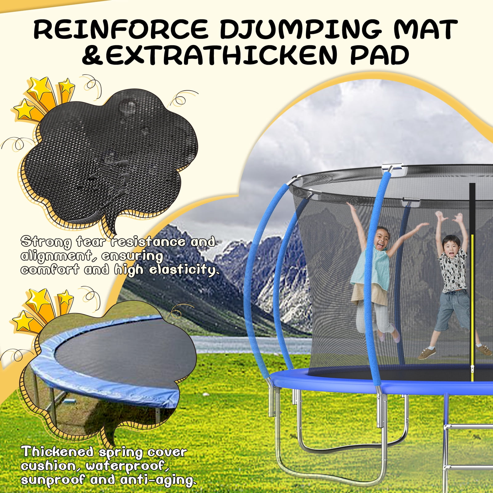 12FT Outdoor Trampoline with Basketball Hoop and Ladder for Kids and Adults，Heavy Duty Recreational Pumpkin Trampoline with Safety Enclosure,Anti-Rust Frame,Backyard Trampoline for Gift,Blue