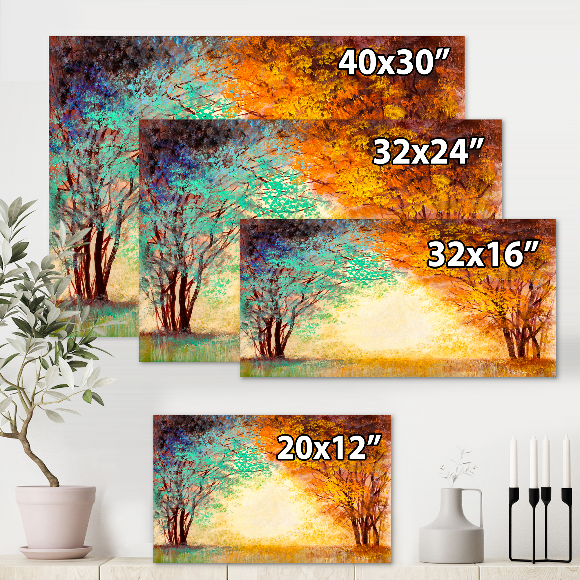 Alley Through The Turquise Park In Autumn Sunset 32 in x 24 in Painting Canvas Art Print, by Designart
