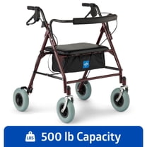 Medline Rolling Walker, Folding Rollator with Seat and 8-In Wheels, Heavy Duty, Burgundy, 500-lb Capacity, Steel, Easy to Maneuver