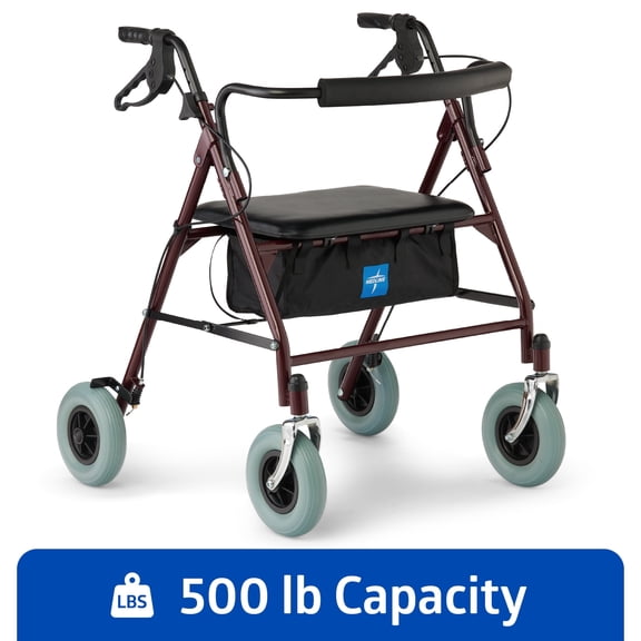 Medline Rolling Walker, Folding Rollator with Seat and 8-In Wheels, Heavy Duty, Burgundy, 500-lb Capacity, Steel, Easy to Maneuver