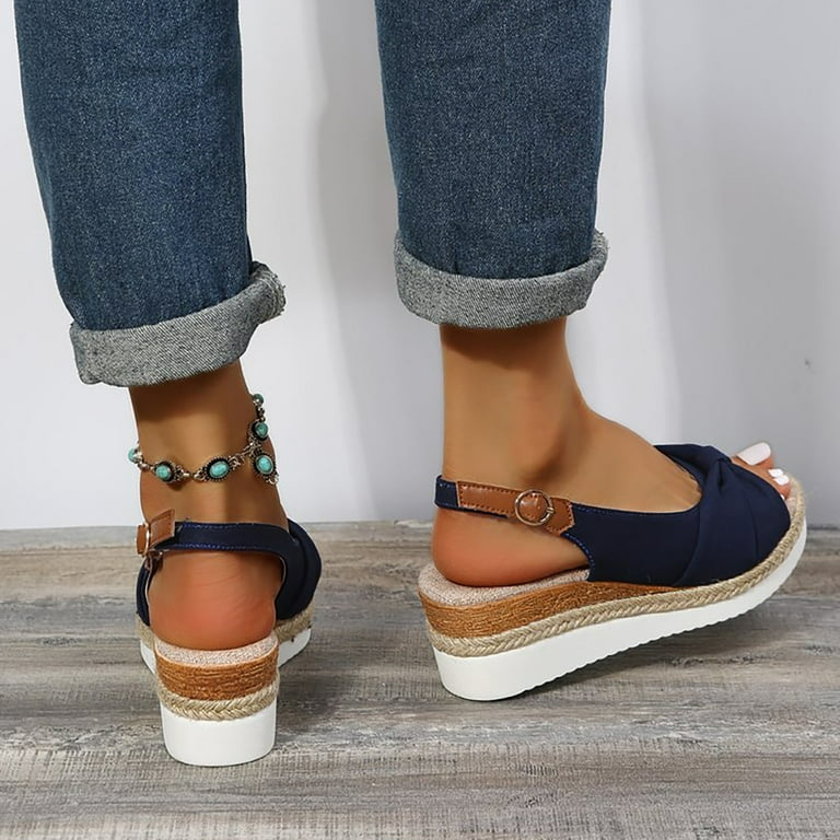 Womens Memory Foam Sandals Wide Width Womens Platform Sandals Size 14 Women s Fashion Summer Solid Fabric Fish Mouth Wedge Heel Buckle Sandals