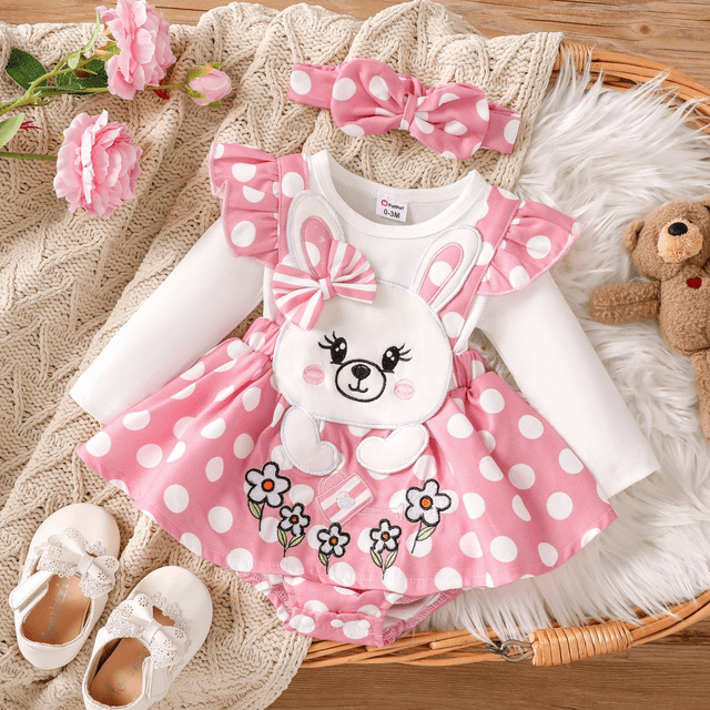 PatPat Barboteuse à Volants à Manches Longues pour Bébé Fille avec Motif de Lapin