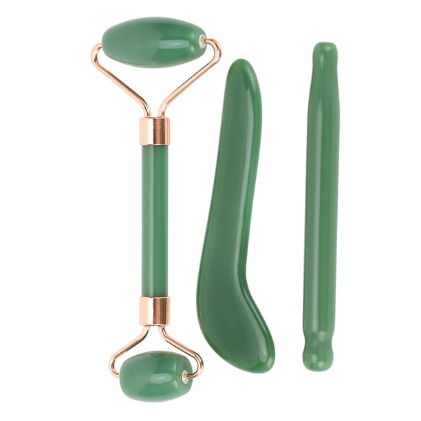 Rodillo Facial De Piedra De Jade, Rodillo De Doble Cabeza, 3 Piezas De Herramientas Faciales Gua Sha, Reducción De Arrugas, Desvanecimiento De Puntos Con Herramienta De Raspado En