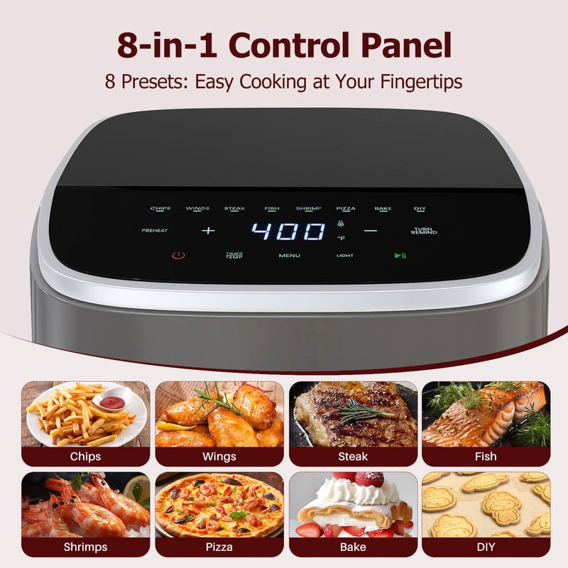 Dozzle 4QT Visual Window Air Fryer, 1500W Touchscreen Display with 8 Cooking Presets, Automatic Shut-Off, Nonstick Basket Dishwasher Safe, 60-Minute Timer, Up to 400°F, Gray