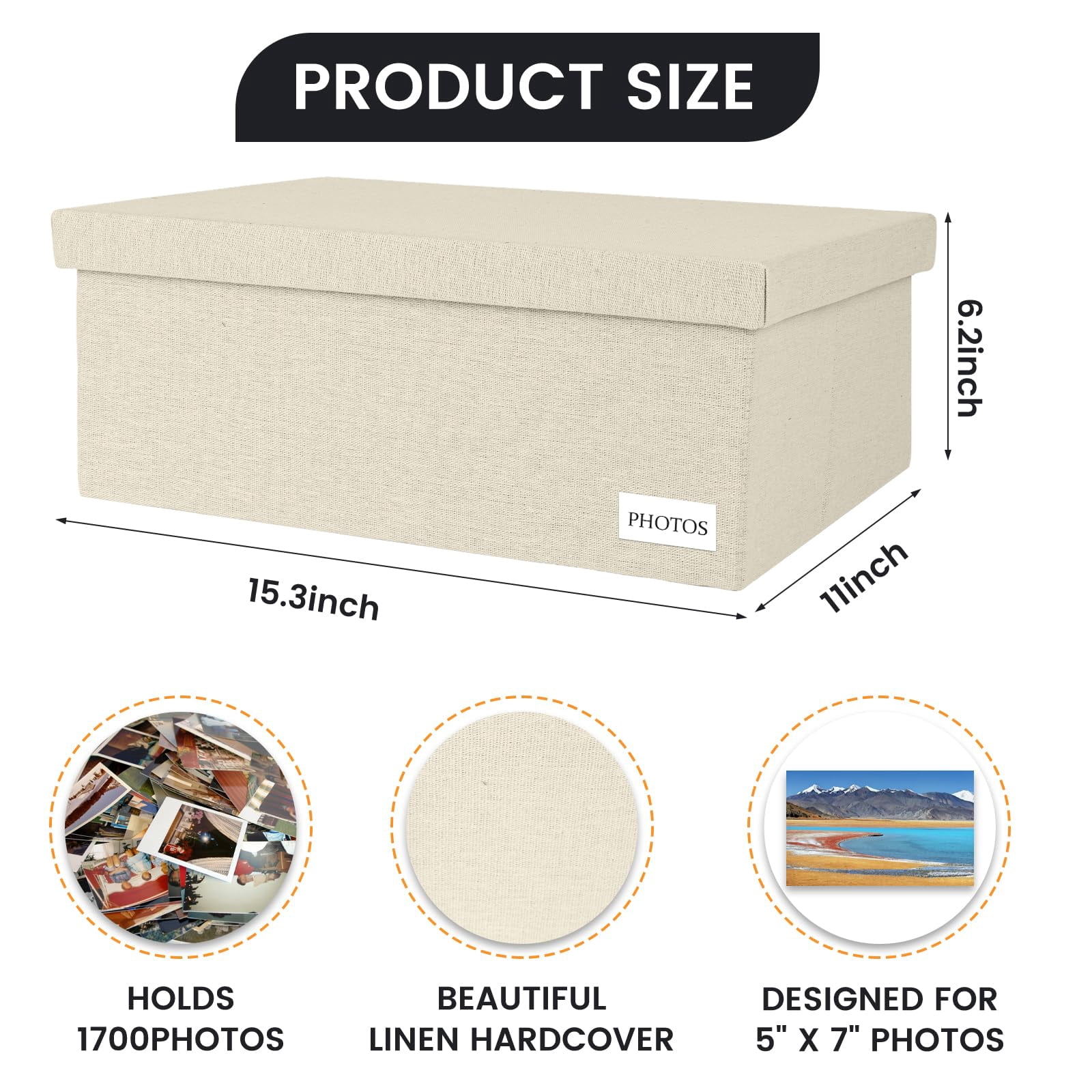 Beige 5*7 Inch Photo Storage Chest Linen Organizer with Dividers