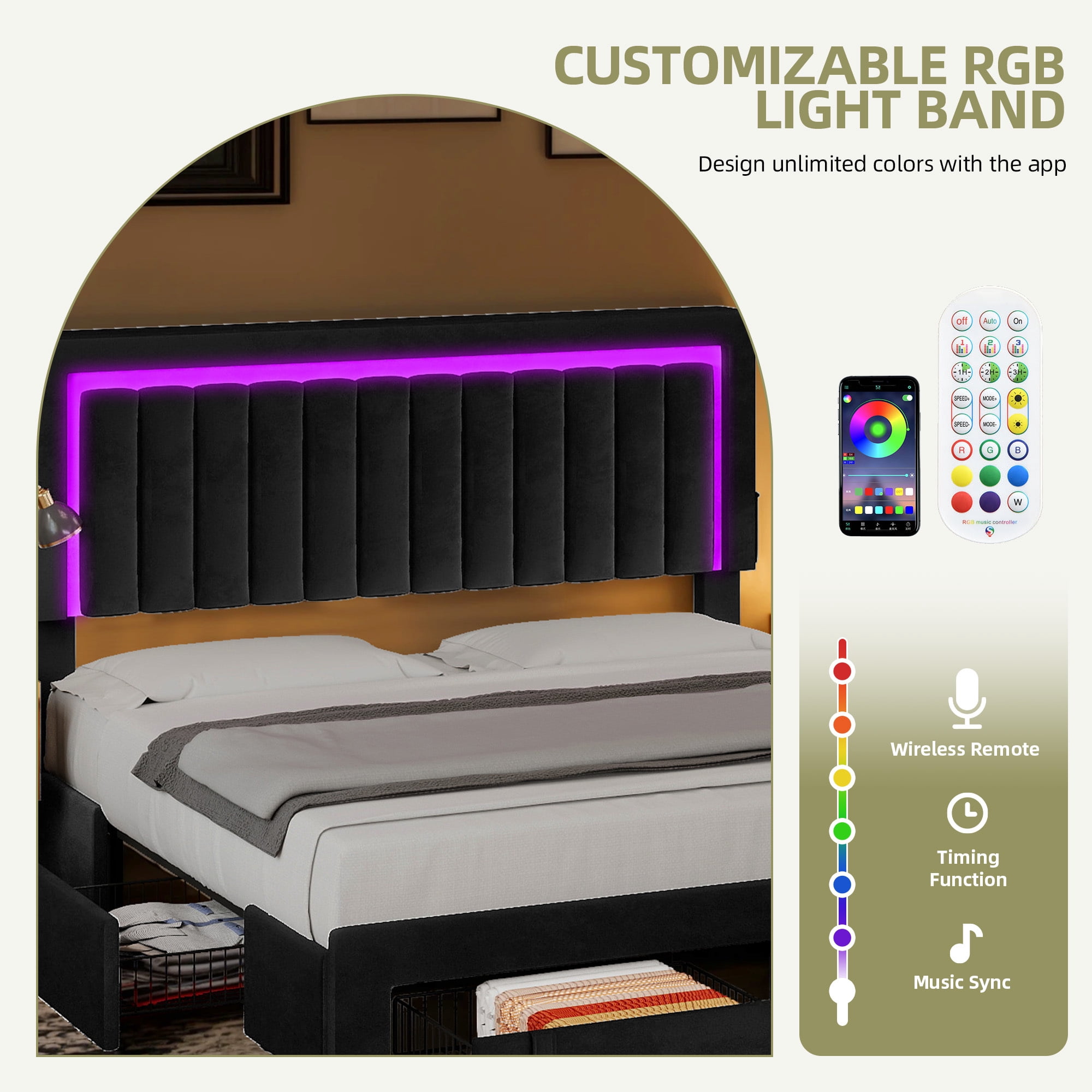 Uforic Queen Size Black Velvet Upholstered Platform Bed Frame with RGB LED Lights, 4 Storage Drawers & USB Ports