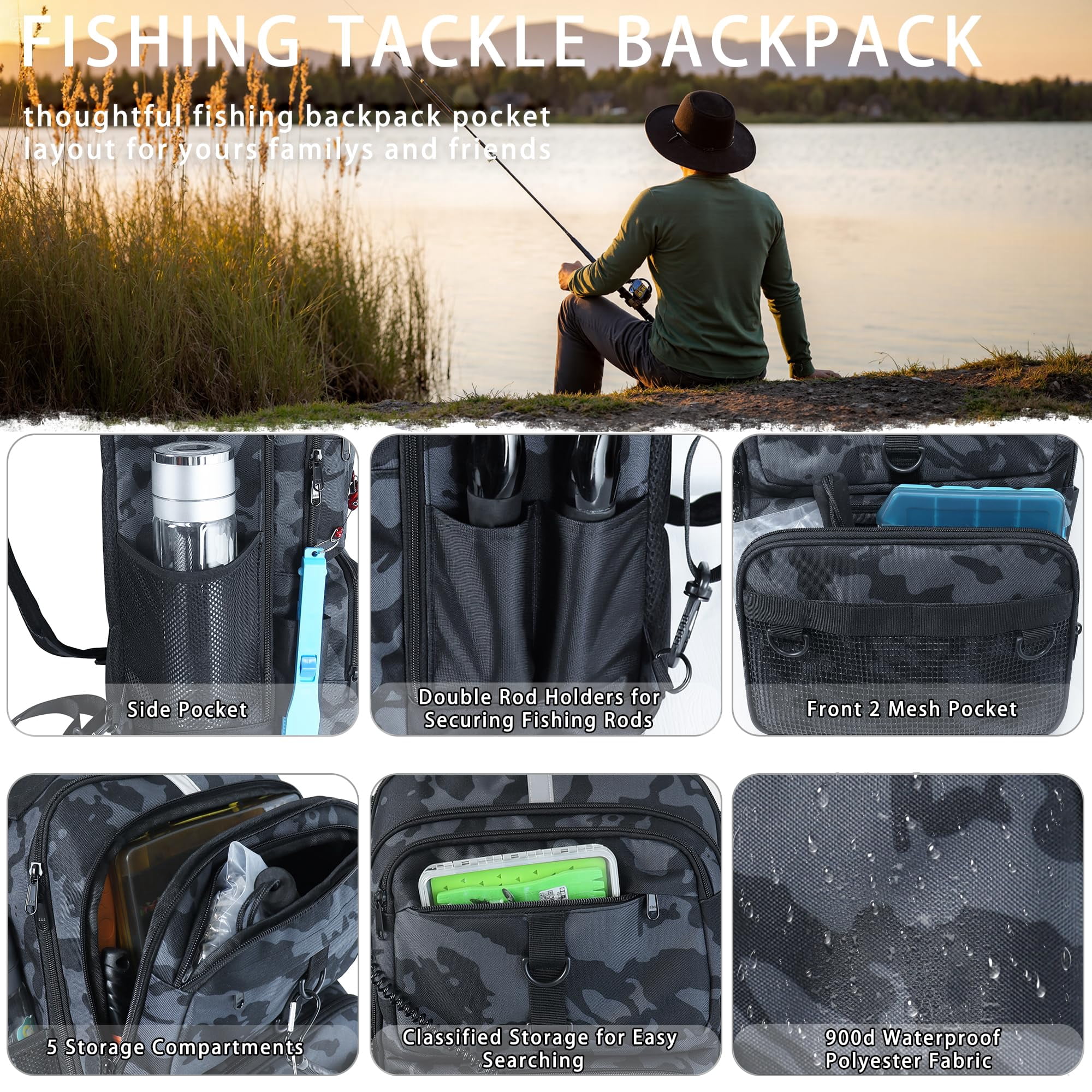 Fishing Backpack With Tackle Boxes And Rod Holder  24l Sling Bag Lures Kit Gear Gifts For Men Women - Black Camo