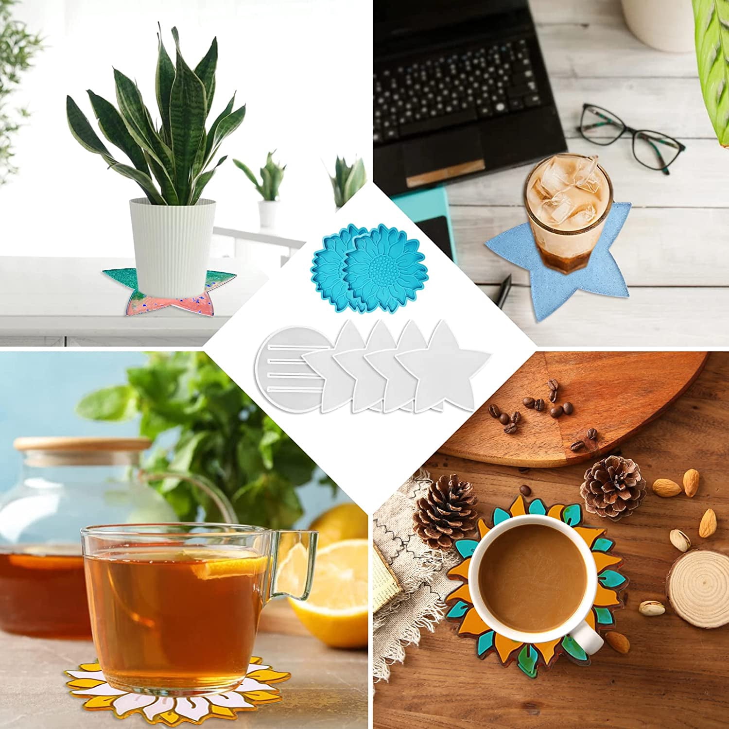 7 Pieces Epoxy Resin Casting Coaster Molds, DaKuan 2 Pieces Sun Flower Coaster Molds, 4 Pieces Star Coaster Molds and 1 Pieces Coaster Stand Storage Mold