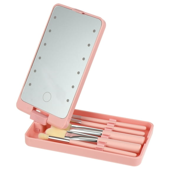 KONTONTY 5Pcs Portable Pink LED Light Mirror with Brush Set for Makeup Use and Travel