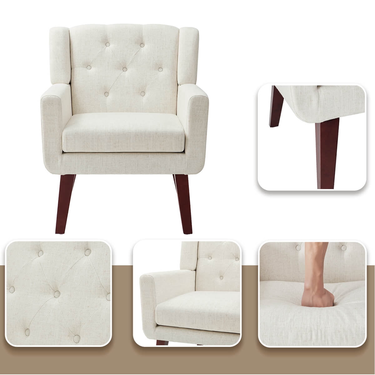 Accent Chair, Comfy Upholstered Mid Century Modern Armchair, Button-Tufted with Linen Fabric Lounge Arm Chairs for Living Room Bedroom (Beige)