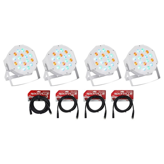 (4) Rockville RockPAR50 WHT LED RGB Par Can DJ/Club DMX Wash Lights Cables