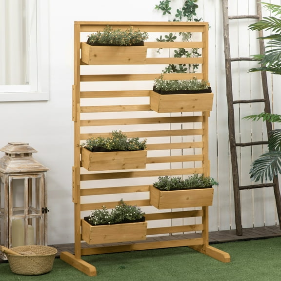 Outsunny Outdoor Plant Stand with 5 Hanging Flower Boxes and Slatted Trellis for Climbing Plants, Freestanding Wooden Lattice, Natural
