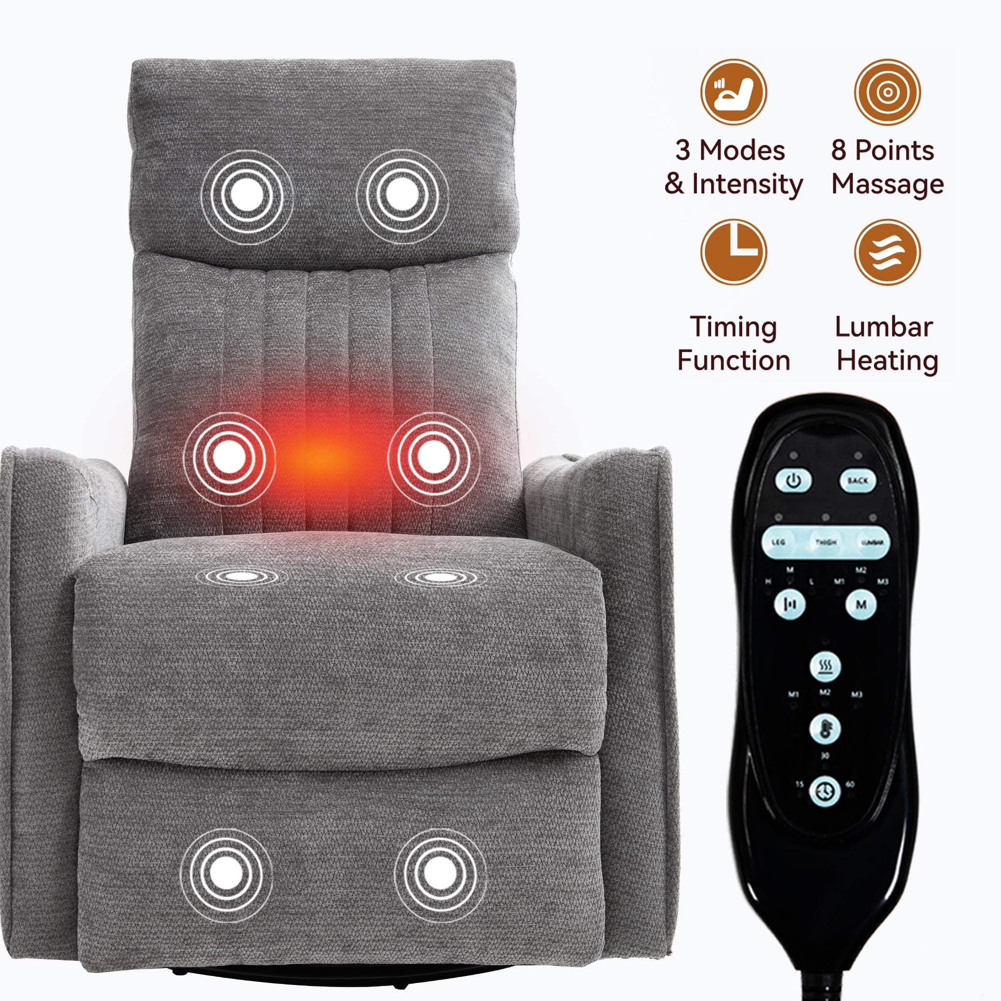 Segmart 360° Rocking Manual Recliner,Swivel Recliner Chair with Heat and Massage,Chenille Fabric Medium-Firm Seat for Living Room,Dark Grey