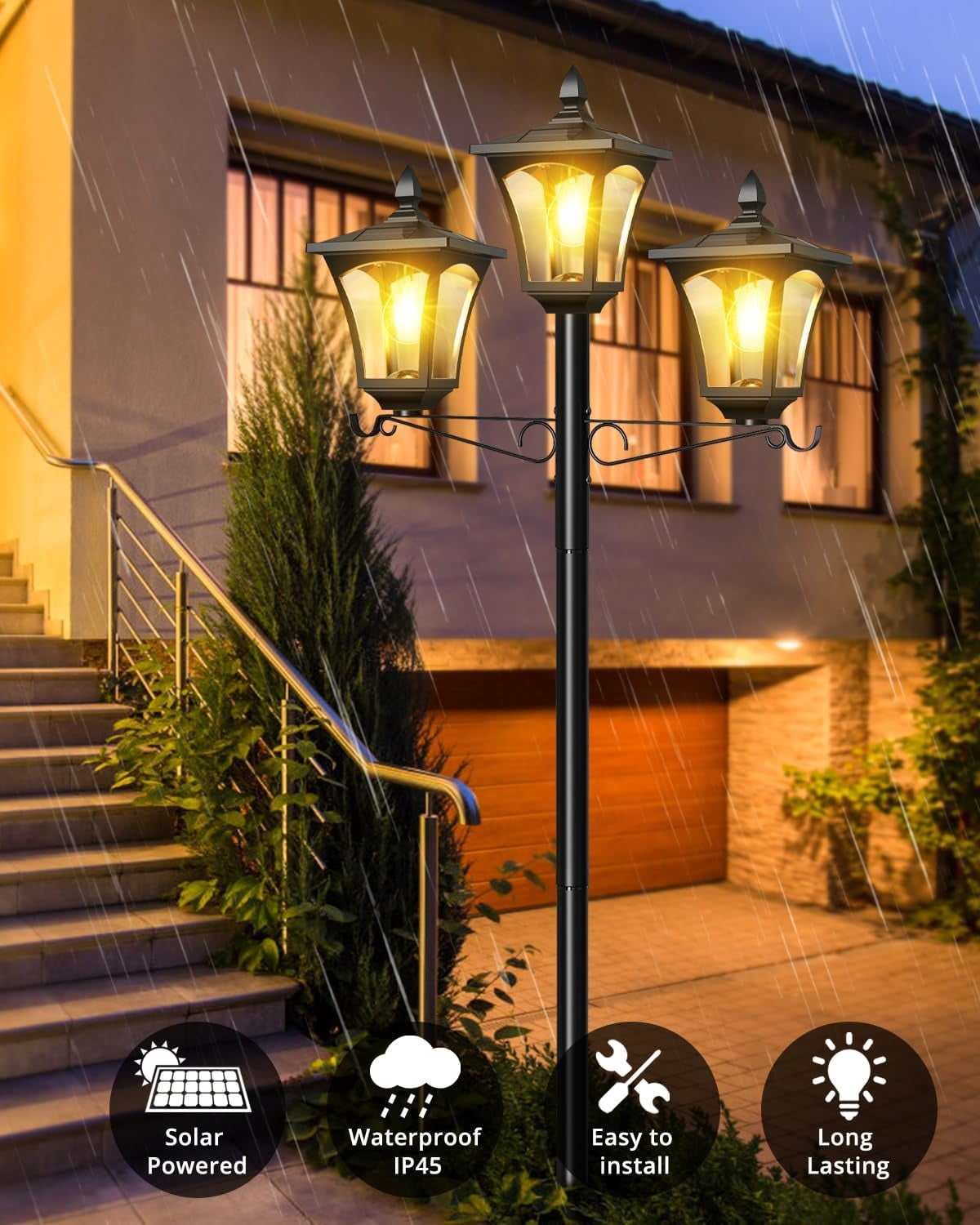 3-Head Solar Lights Outdoor Waterproof, Solar Lamp Post Light with Planter, 2 in 1 Outdoor Flower Pots for Garden, Yard