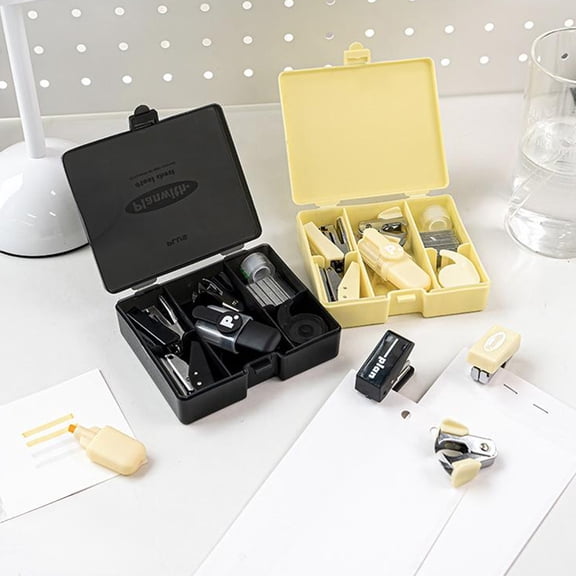 Portable Office Stationery Tool Box for Work, Mini Tape Dispenser Office Staples Hole Puncher Document Stapler Heavy-duty Staplers Stapler and Tape Dispenser Abs Desk Student Stationery