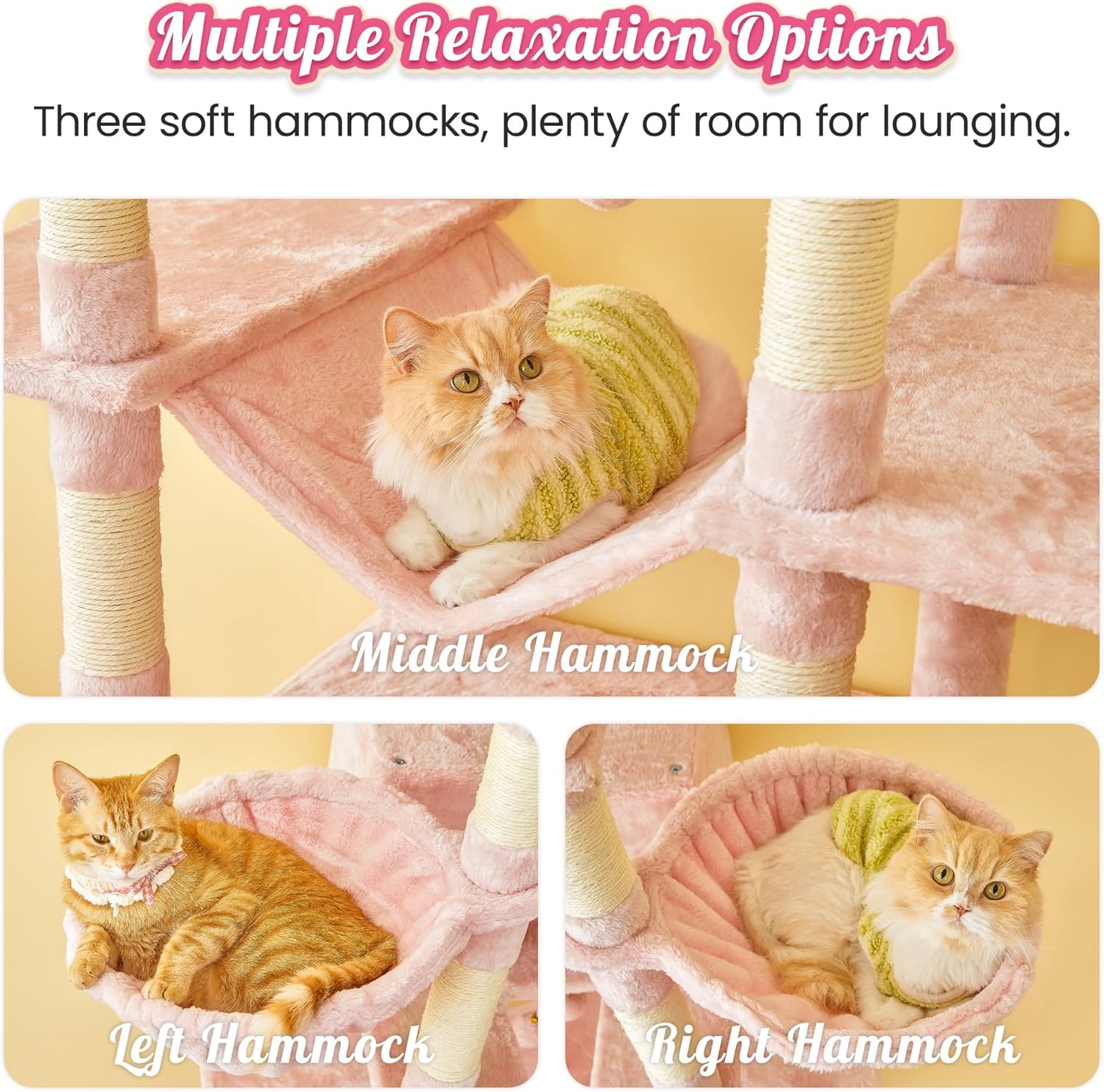 WSWJY Pink Extra Large Cat Tree, 77.6-Inch Tall Cat Tower for Indoor Cats with 2 Condos, Multi-Level Cat Stand for Large Cats, 3 Hammocks, Wide Perch, Scratching Posts, Dangling Toys