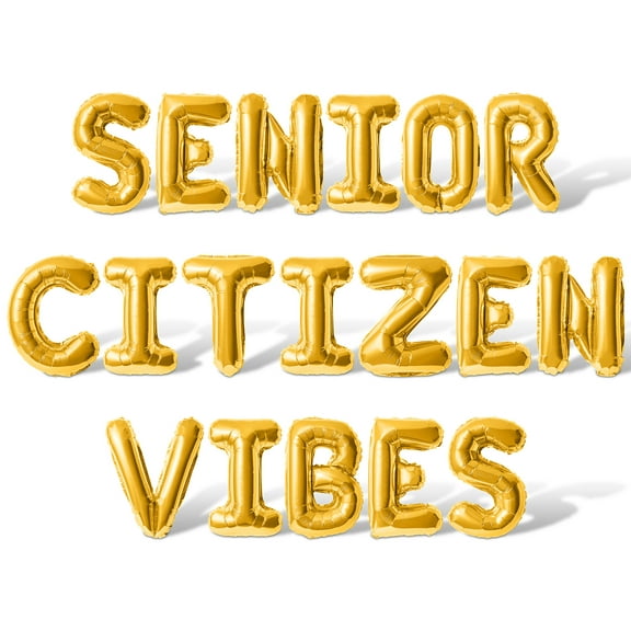 Letter Balloons - SENIOR CITIZEN VIBES 16" Inch Alphabet Letters Foil Mylar Balloon Senior Birthday Party Banner (Gold)