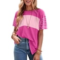 thumbnail image 2 of Womens Summer Oversized 2025 Crewneck Casual Color Block Striped Shirts Blouses Pink L, 2 of 9