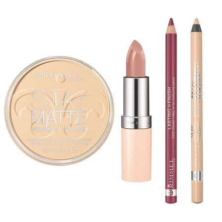 Lip Kix - Rimmel Nude Collection Kit with Lasting Finish 1000 Kisses Lip Liner, Lasting Finish By Kate Nude Lipstick, Scandaleyes Waterproof Kohl Kajal Eyeliner and Stay Matte Pressed Powder