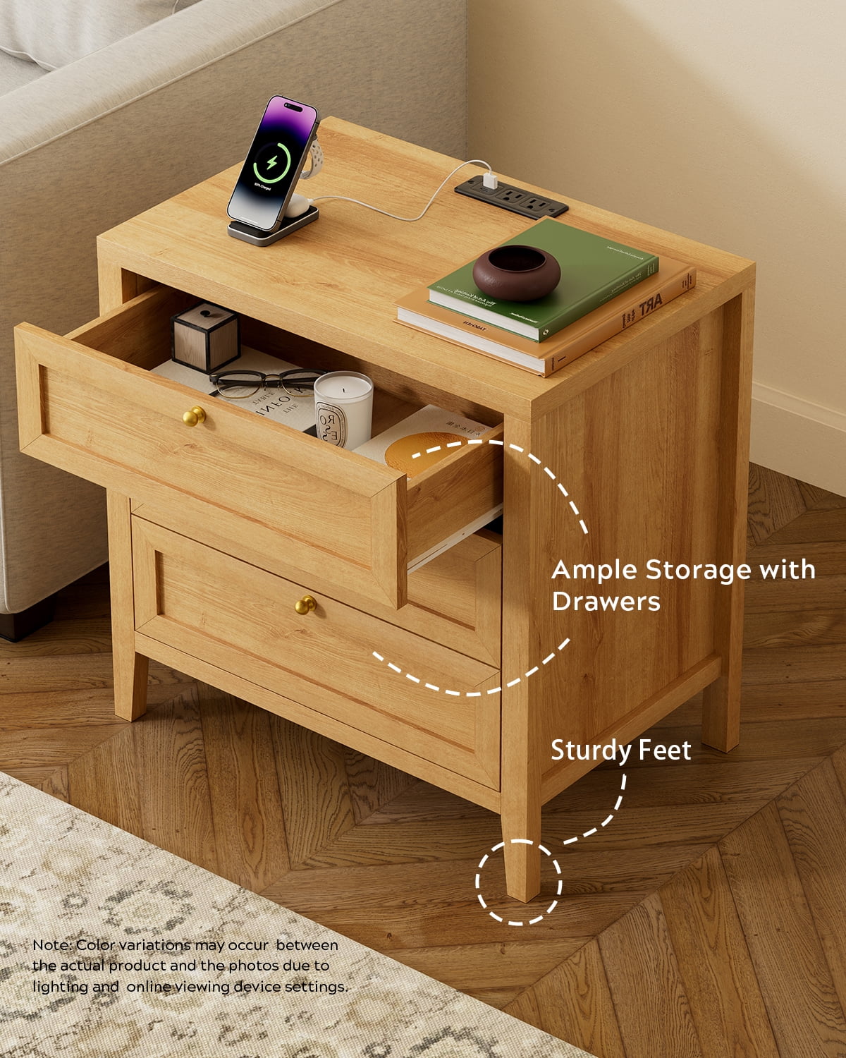 EYYTHUNG Large Nightstand Set of 2 with 3 Drawers, Farmhouse Bedside End Table with Charging Station, Modern Wood Night Stand, Natural Oak