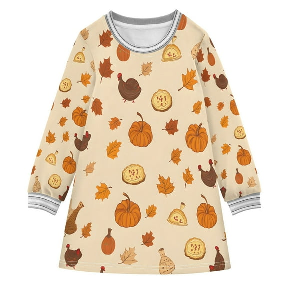 Thanksgiving Autumn Theme Girls'long-sleeved dress Thickened A-dress Warm Dress Basic Shirt Party Dresses