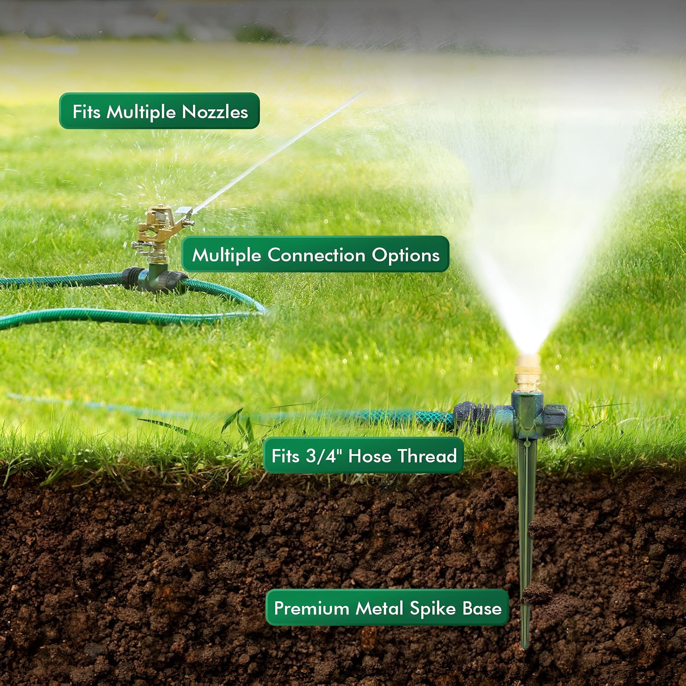 BPPEG 3 Pack Zinc Alloy Lawn Sprinkler Spike Base,Flow-Thru Sprinkler Base for Yard,Lawn,Garden and Grass Irrigation,Stable&Durable with Bright Green Glitter Design