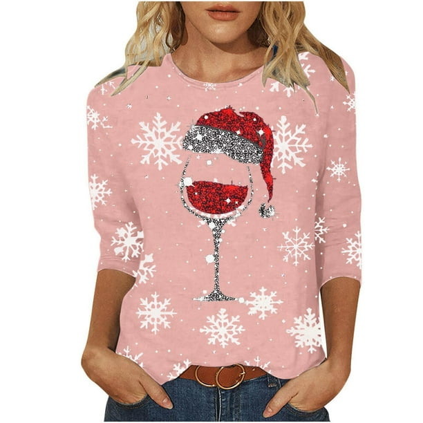 Puntoco Camiseta con cuello redondo y manga 3/4 con estampado navideño para mujer, camiseta de cuello redondo, camiseta de manga larga con cuello redondo