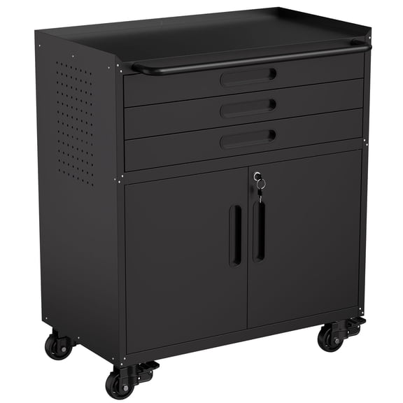 S-HOME 34.3" Rolling Metal Tool Cabinet with Lockable Doors and 3 Drawers - Mobile Garage Workbench Organizer